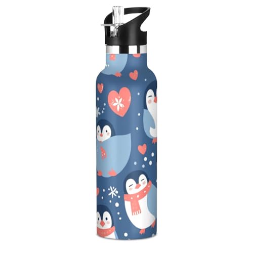 Penguin Winter Style Valentine - Botella de agua para niños, sin BPA, a prueba de fugas, con tapa de boquilla a prueba de fugas, aislada al vacío para agua, leche, jugo, escuela, campamento, deporte