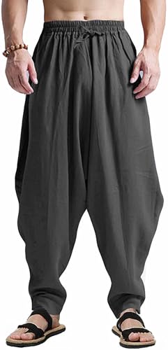 perdontoo Mens Harem Pants Loose Fit Elastic Waist Drawstring Aladdin Hippie Trousers