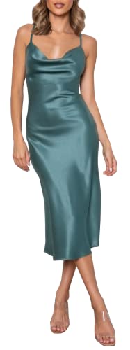Cantonwalker Women's Satin Spaghetti Straps Cowl Neck Sexy V-Back Cross Slip Cocktail Formal Midi Dress 0238 (M, Dark Teal) #TOP1