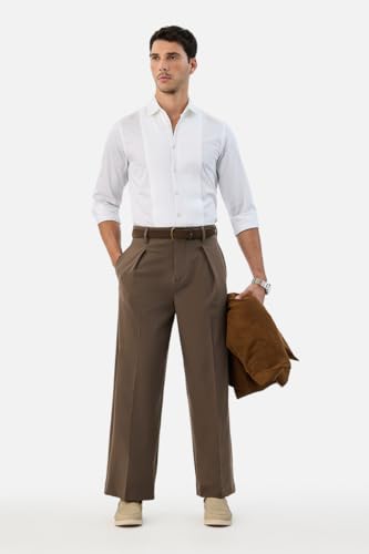 Image of SNITCH Men Casual Trousers | Baggy Fit Wide-Leg Design with Pleated Front & Button Closure | Durable Polyester Blend & Medium-Stretch Fabric for Summer Wear