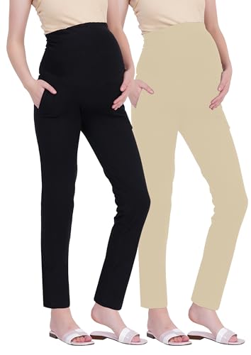 Image of Women's Maternity Leggings with Pockets - Comfortable, High Waist Support and Stretchable Pants for Pregnancy - Pack of 2