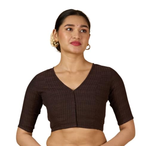 Image of Studio Shringaar Women Cotton Half Sleeve Madras Checks Saree Blouse with Stretchable Sides