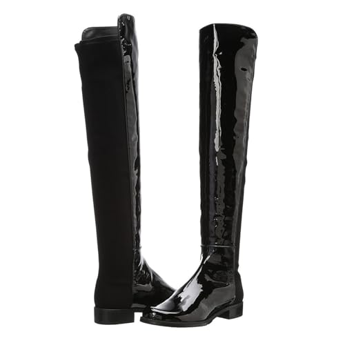 3cm Large Size Patent Leather Stitching Fashion Knee-high Boots Simple Round Toe Low Heel Women's Long Boots4