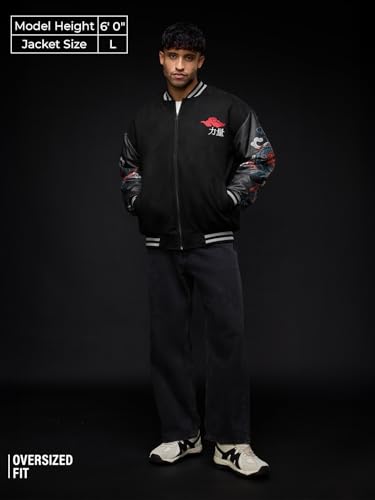 Image of The Souled Store Bomber Jacket: Dragon Men and Boys Full Sleeves Spread Collar Black Graphic Printed Polyester Oversized Fit Lightweight Winter Bomber Jacket