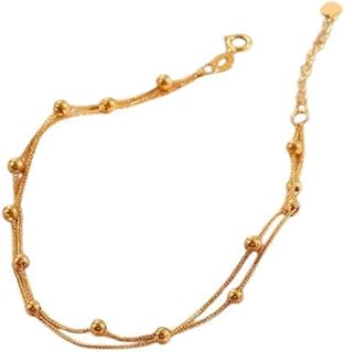Double Layer Gold Plated Snake Chain Anklet with Beads, Adjustable Length