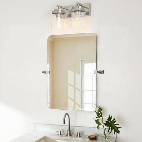 Image of Brushed Nickel Bathroom Light Fixtures, 2 Lights Bathroom Lighting Fixtures Over Mirror, Square Design & Rectangle Large Backplate, Modern Vanity Lighting Fixtures, for Living Room /Bedroom