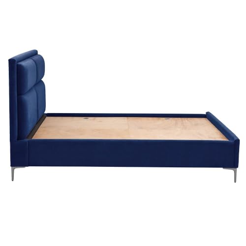 Image of Wakefit Bed | Queen (78 X 60) Solid Wood Bed, Upholstered, Without Storage, 3 Year Warranty - Zewail - Velvet Blue