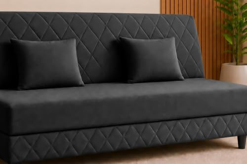 Image of Deco Studio 3 Seater Sofa Bed | Premium Upholstered Velvet Fabric Folding Couch for Living Room, Guest Room & Bedroom | Quilted Backrest with 2 Cushions (Black)