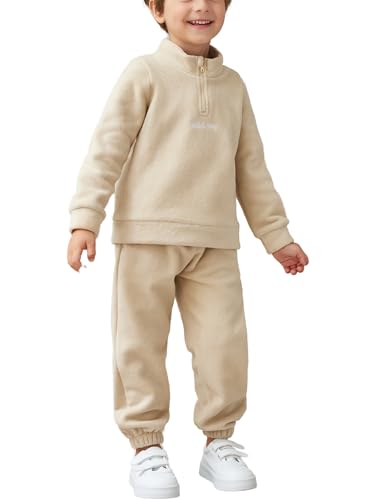 Image of Arshiner Toddler Boy 2 Pieces Fall Winter Clothes Set Letter Embroidery Half Zip Sweatshirt & Pants 3-4T Khaki