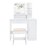 USIKEY Vanity Table Set with 10 Light Bulbs, Makeup Table with 1 Large Drawer & 1 Storage Cabinet, Dressing Vanity Table, Dresser Desk with Cushioned Stool for Bedroom, Bathroom, White