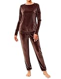 Wayleb Pijama de Invierno para Mujer - Conjunto de Terciopelo 2 Piezas Manga Larga Ropa de Dormir - Super Suave y Cálido, A# Marrón S