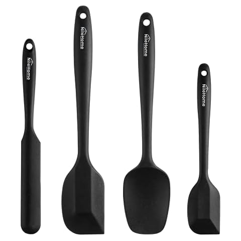 NileHome Silicone Spatula Set, High Heat-Resistant Premium BPA-Free One Piece Seamless Design, Non-Stick Rubber with 18/8 Stainless Steel Core, Cooking/Baking Utensil Set of 4, Black Cover