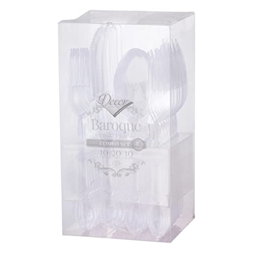 Decor Decorline - Set di posate in plastica robusta riutilizzabile - 40 pezzi - Ciascuno con 20 forchette, 10 coltelli, 10 cucchiai - Collezione Baroque - Trasparente