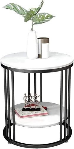 Image of Modern Round Side Table with Metal Frame & Marble Top Side Table | 2-Tier End Table for Living Room, Bedroom & Office (Black & White)