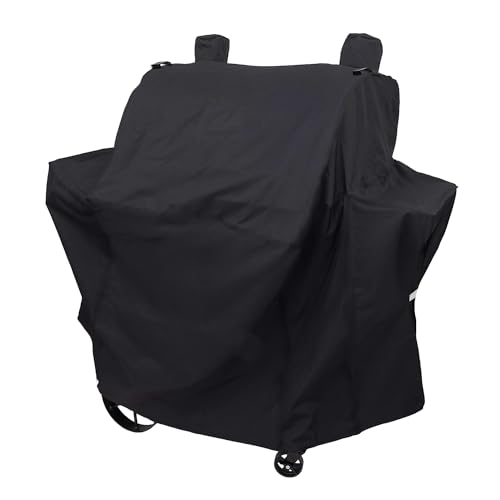 Grisun Grill Cover for Oklahoma Joe's Rider 900 & Rider DLX Grills, Anti-Fade Waterproof Charcoal Offset Smoker Cover, Strap for Fix, Fabric Handle for Easy Put On and Take Off, 600D Material, Black