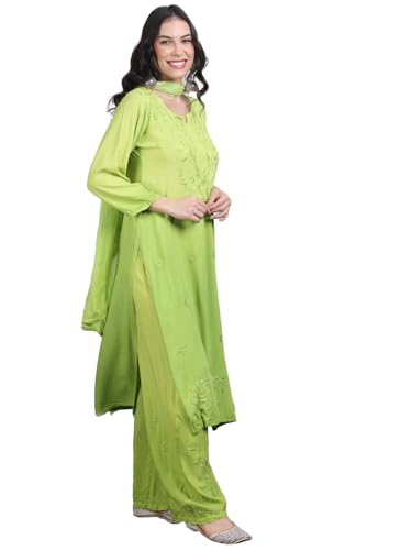 Image of Women's Luxe Lucknowi Chikankari Hand Embroidered Rayon Dyed Kurti Palazzo Dupatta Set - Designer Ethnic Wear for Wedding, Festive & Party Occasions