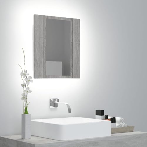 Brokky Armario de baño con Espejo LED Madera Muebles auxiliares de baño Bathroom Cabinet Mueble de baño Gris Sonoma 40x12x45 cm