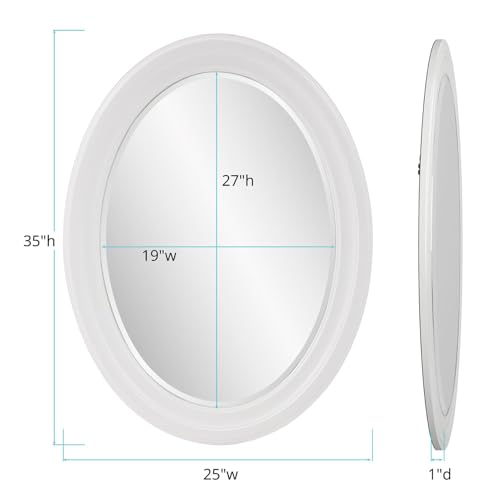 Image of Howard Elliott Collection George Oval Glossy White Wall Mirror, Oval Bevelled Hanging Wood Framed Vanity Mirrors for Home Decor, Living Room, Bathroom, Bedroom, or Hallway, 25 x 33 Inch