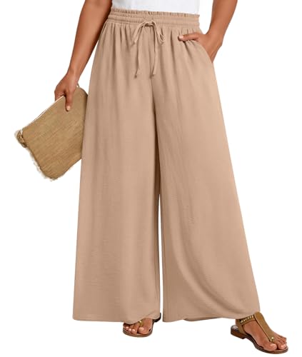 LONGYUAN High-Waist Plus-Size Palazzo Pants (Khaki)