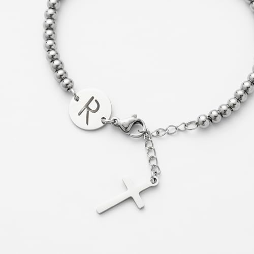 Image of Initial Cross Silvery Bracelets for Women Trendy, Initials Cross Charm Beaded Bracelet, Christian Gifts for Women, Baptism Confirmation Christmas Inspirational Gifts for Mom Daughter Friend Sister