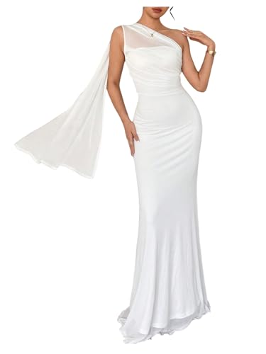GORGLITTER Women's One Shoulder Mesh Dress Ruched Fishtail Bodycon Maxi Wedding Guest Dresses