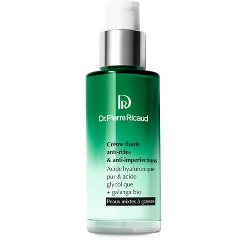 Dr Pierre Ricaud Crème Fluide Anti-Rides & Anti-Imperfections - Creme pour le Visage à l'Acide Hyaluronique, Acide Glycolique & Galanga Bio - Soin Anti Âge pour Femme - 50ml