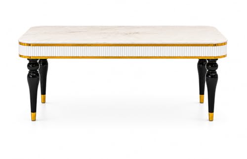 Image of 8 Seater Dining Table Set with Nano Composite Marble Top, Solid Wood Base & 8 Upholstered Chairs, Modern Dining Table Set for Home & Dining Room Furniture