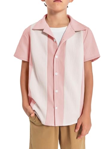 Haloumoning Boys Shirts Button Down Short Sleeve Shirt Striped Casual Summer Beach Shirts 5-14 Years Pink