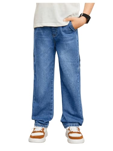 WDIRARA Boy's Casual Straight Leg Jeans Loose Elastic Waist Denim Pants with Pockets