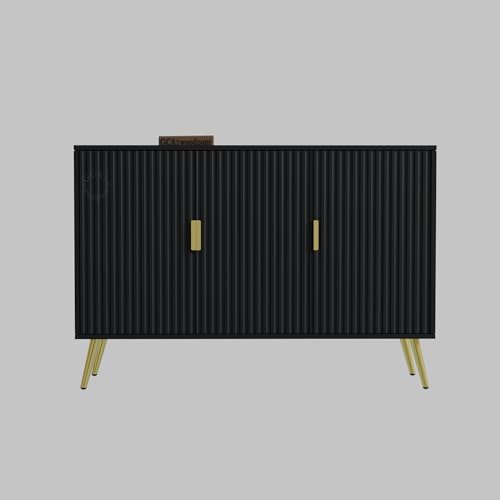 Image of Wooden Sideboard Cabinet 3 Door for Living Room | Crockery Cabinet for Dining Room | Storage Cabinet with Doors | Wooden Console Cupboard Home | HDMR Wood with Metal Legs | Black & Gold
