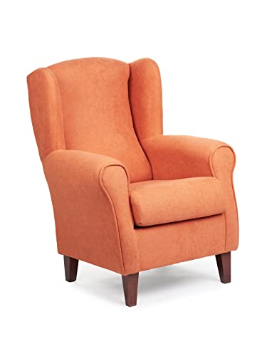 SILLONEA - Sillón Orejero pequeño, con Tela Antimanchas, de reducido tamaño para salón o dormitorio (Tamaño:100*74*77cm) Tapizado en NARANJA. Butaca ideal para ver la tv, leer o lactancia.