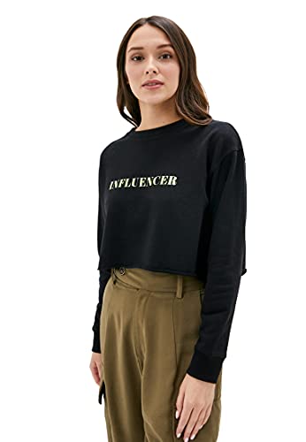 befree Femme Sweat-Shirt Court avec Inscription et Ourlet Brut Noir L Cover