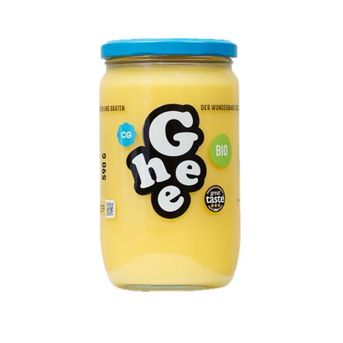 Ghee Butter BIO 590 g Geklärte Butter Reich an Vitaminen und Omega 3 6 Fettsäuren Great Taste Zertifikat Laktosefrei Ideal zum Braten Backen Ohne Zusatzstoffe Authentisches Ayurveda Butter 100% EU