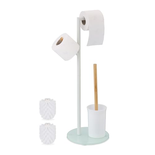 Image of Relaxdays WC Set, HxWxD: 64 x 27 x 22 cm, Free-Standing Roll & Brush Holder, Replacement Heads, Stainless Steel, White