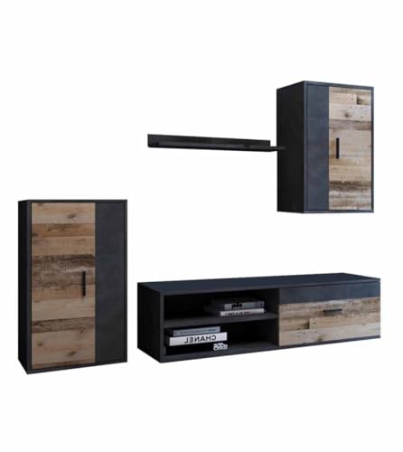 CAMBIA TUS MUEBLES CTM® Mueble Salón Bosco – Conjunto Modular con TV, Vitrinas y Estante, Estilo Nórdico Moderno, Ideal Salón Comedor 196x230x38 cm en Color Roble Canadian y Gris Oscuro
