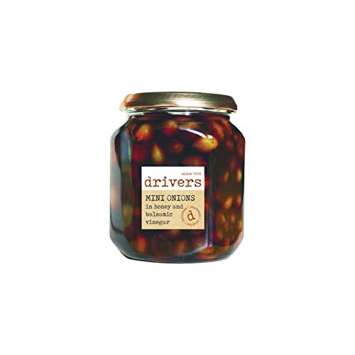 Drivers Mini Onions in Honey and Balsamic Vinegar - Mini Silverskin Onions Sticky Honey Flavour Traditional Driver's Recipe Picklers Since 1906 Gluten-Free Suitable for Vegetarians - 550 g Jar