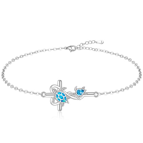 Image of Fenthring Turtle Anklet S925 Sterling Silver Blue Opal Sea Turtle Ankle Bracelets for Women Infinity Wave Ocean Beach Summer Foot Bracelet Jewelry Layered Adjustable