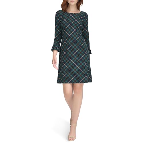 Image of Tommy Hilfiger Women's 3 /4 Ruffle Trim Sleeve Round Neck Jersey Shift Mini Dress