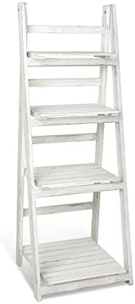 Babion 4 Tier Ladder Bookshelf, White Ladder Shelf, 45 Inch Wood Rustic Ladder Bookshelf, Indoor Plant Stand, Ladder Shelves for Patio Garden- White