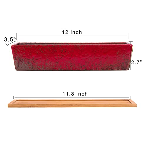 Succulent Pots - Large Succulent Planter Pots with Drainage, 12 Inch Long Rectangle Bonsai Pot with Bamboo Tray Shallow Ceramic Cactus Flower Planter Window Box for Home Garden Decor (Red) - Thumbnail 3