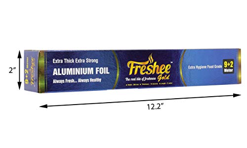Image of Freshee 9m Plus 2m Disposable Foil for Food Wrapping Pack of 3 Aluminium Foil Rolls for Oven Roasting, 14 Micron Thick Silver Foil for Food Parcel & Delivery