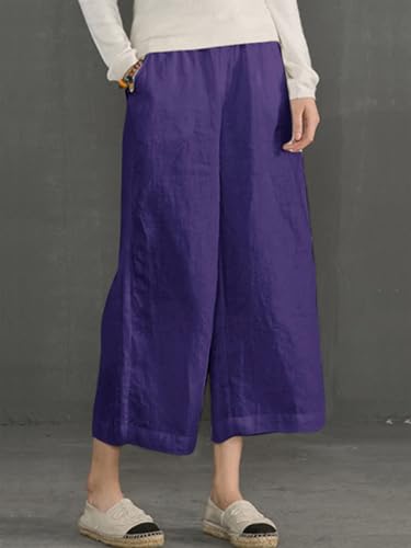 Image of ECUPPER Womens Cotton Cropped Pants Loose Fit Wide Leg Trousers | Casual, Plus Size, Elastic Waist, Capri, 100% Cotton, Slant Pockets, High Rise Waist, Lounge Pants