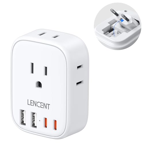 European Travel Plug Adapter, LENCENT US to Europe Type-C Foldable Power Plug with 4 Outlets 4 USB Ports (2 USB C), Power Adaptor for USA to EU Euro Iceland Spain Italy France Germany Greece Portugal