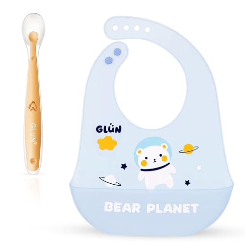 Image of GLUN 1 Soft Feeding Spoon & 1 Piece Bibs Combo, Cute Bear Print Bib with Carry Bowl for Growing Champs, Easily Wipes Clean, Less Time Cleaning after Meals for Babies
