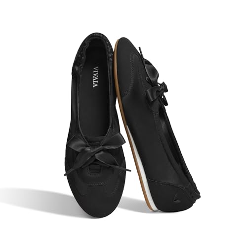 VIVAIA Yanka Womens Flat Shoes Round Toe Satin Sneakerina Lace-up Ballet Flats Comfortable Lightweight Fashion Sneakers Black US6