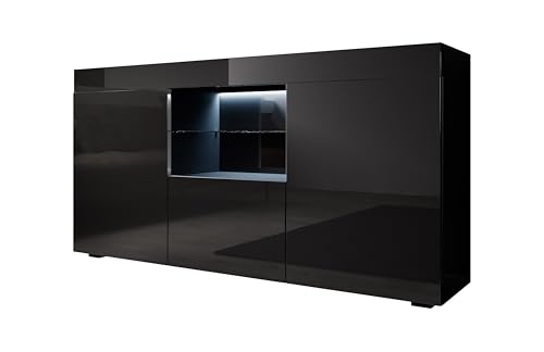 MB Muebles Bonitos, Aparador Sefora con Luz LED para Salón Comedor Moderno, Mueble TV de Melamina Brillo, Color Negro, 135x72x34 cm
