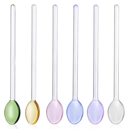 Lurrose 6 Cucharas de Vidrio para Café y Postres Mango Largo, Diseño Ergonómico, Resistente y Fácil de Limpiar, Utensilios Cocina Ideales para Mezclar Bebidas y Helados Estilo Aleatorio