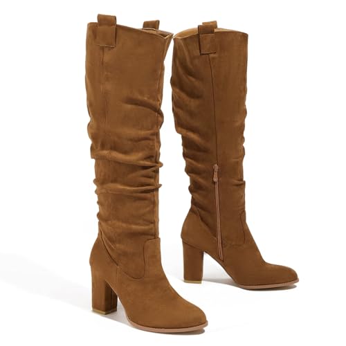 Women’s Brown Knee High Boots Round toe Mid Calf Boots for Women Chunky Heel Zipper Fashion Tall Boots2