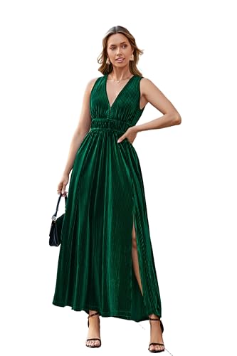 Flessibili Women's Sleeveless Deep V-Neck Velvet Long Dress 2025 Fall Garden Party Midi Dresses ADark Green Medium