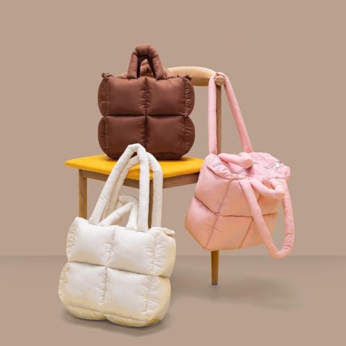 MadGrandeur Puffer Tote Bag Damen Glänzend Gesteppt Reißverschluss Puffy, Daunen Gepolsterte Schultertasche Niedliche Handtasche Ästhetische Handtasche, Z-pink, Large